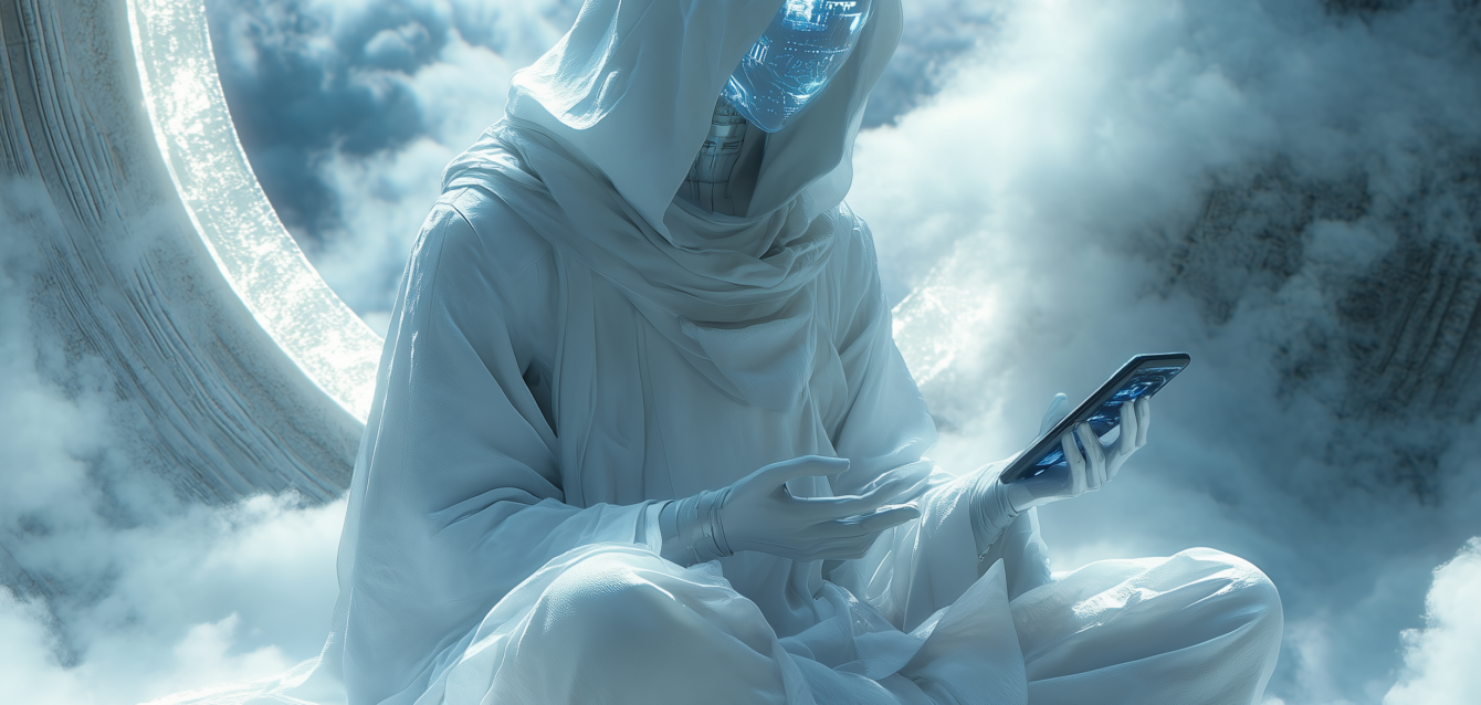 aifilmaverick_A_serene_humanoid_AI_monk_meditating_on_a_floatin_9c4d44d4-30de-4aeb-8d19-426a46a71eaf