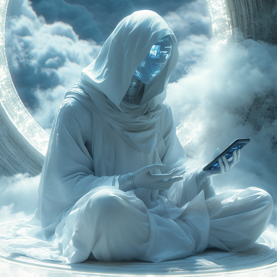aifilmaverick_A_serene_humanoid_AI_monk_meditating_on_a_floatin_9c4d44d4-30de-4aeb-8d19-426a46a71eaf